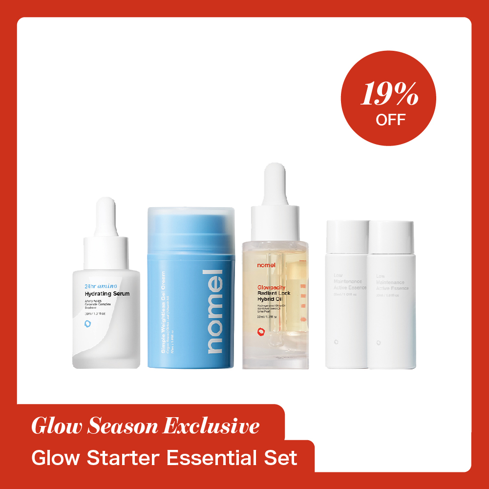 Glow Starter Essential Set: nomel's 4-step routine featuring Active Essence, Hydrating Serum, Weightless Gel Cream, and Radiant Lock Hybrid Oil