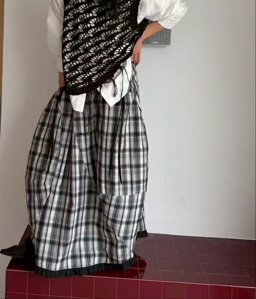 060246 小眾設計款! 格紋繭型裙 - 灰