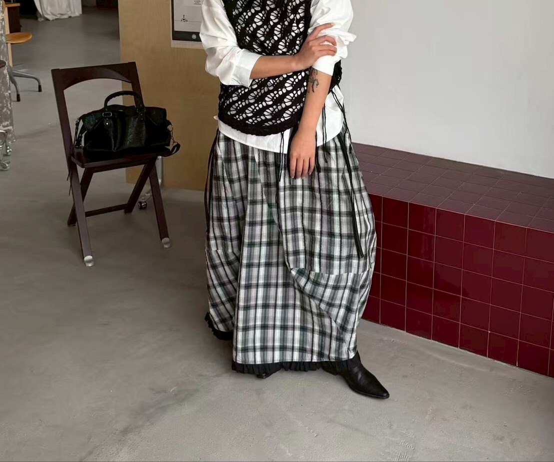 060246 小眾設計款! 格紋繭型裙 - 灰
