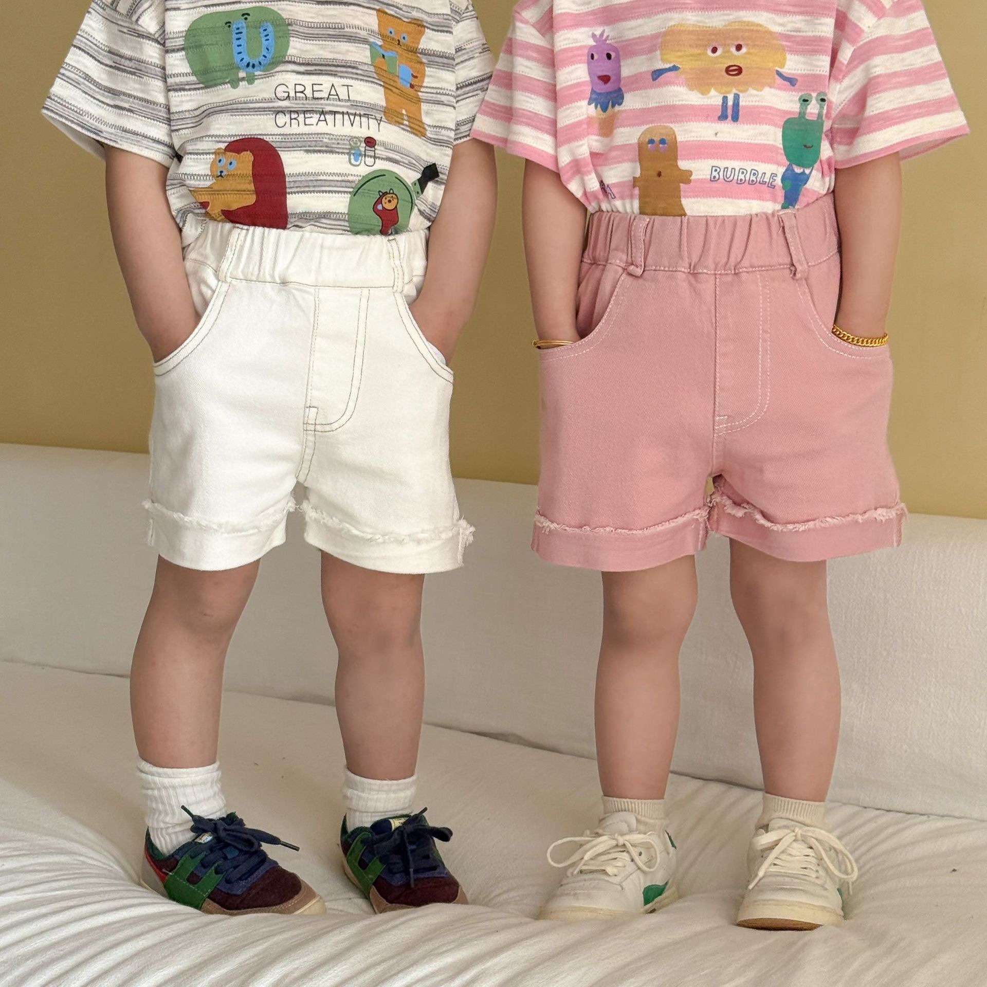 兄弟姐妹一起穿_兩色捲邊短褲