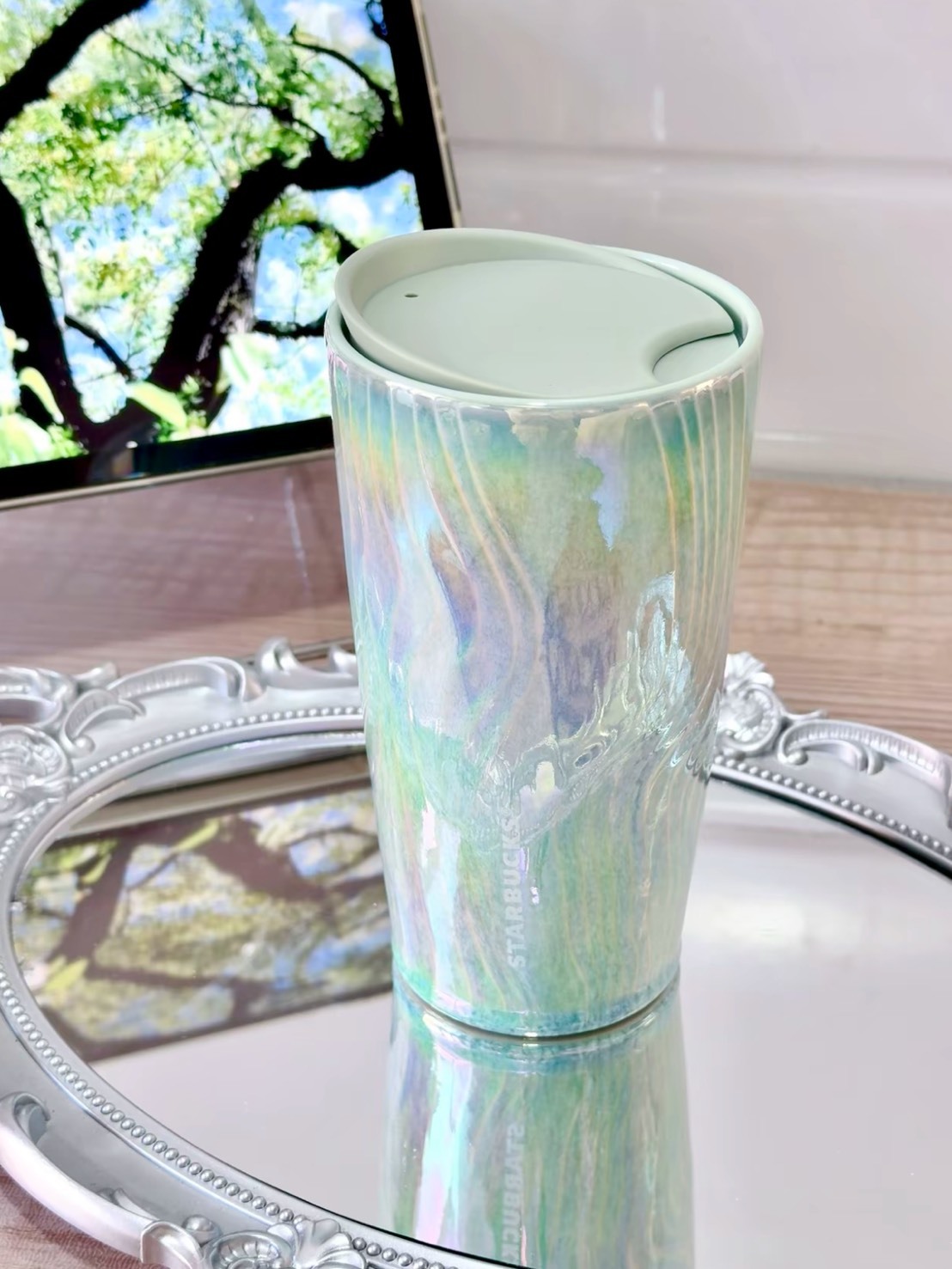 STARBUCKS 星巴克 仙霧薄荷綠 水波 雙層陶瓷杯 355ML