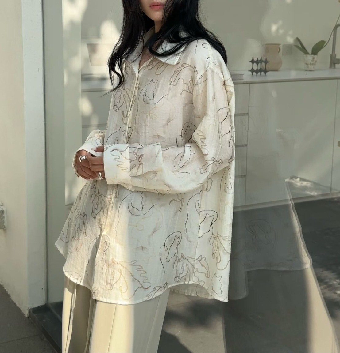 060358 翻領花紋襯衫 - 杏