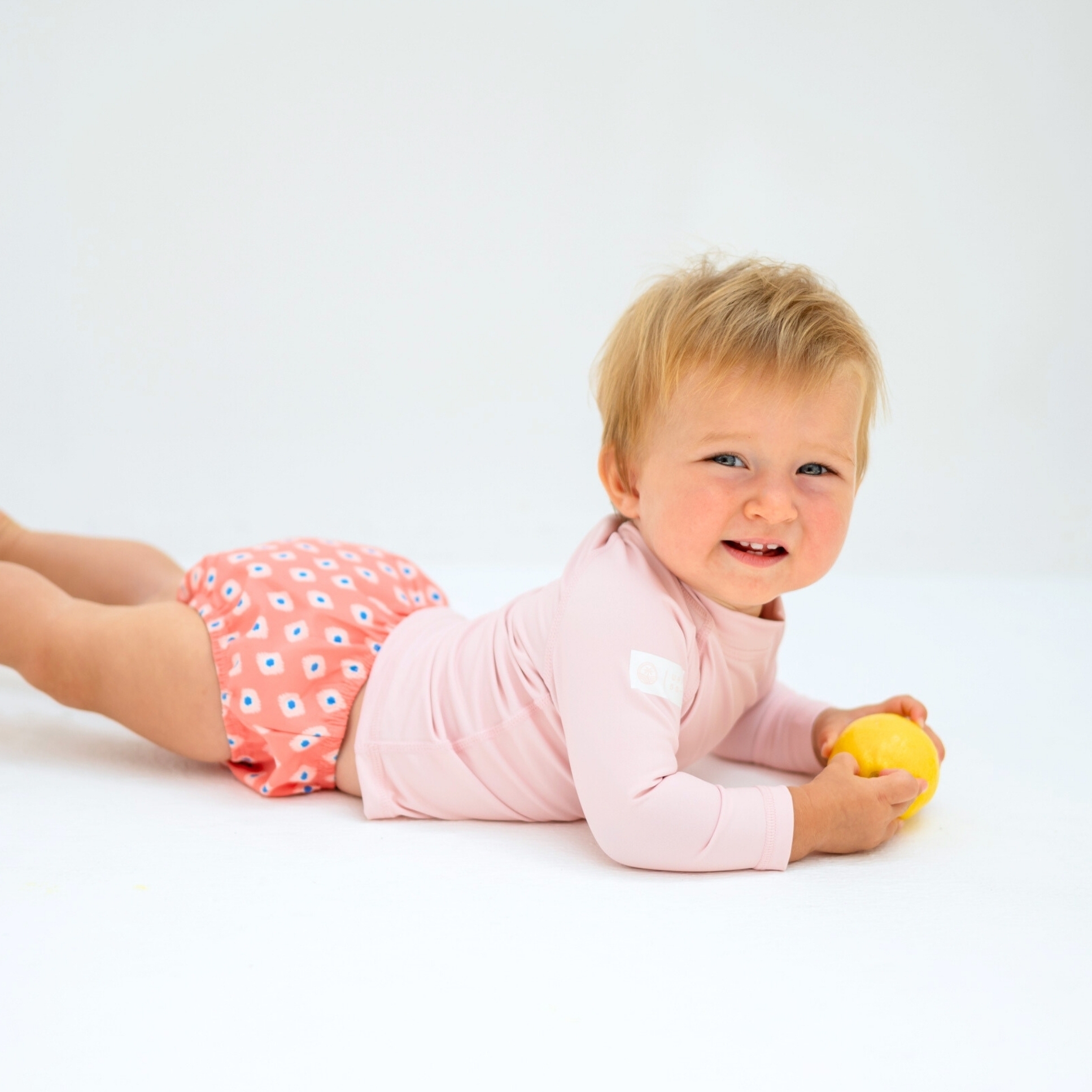 〖 Badawii 〗粉橘菱格baby防曬兩件式泳衣