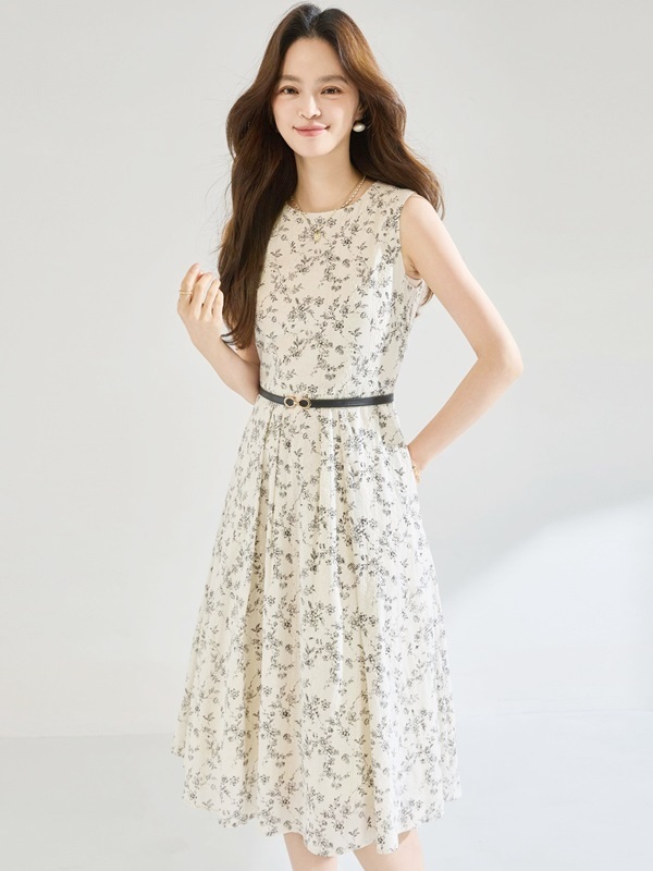 圓領無袖印花洋裝 米色
