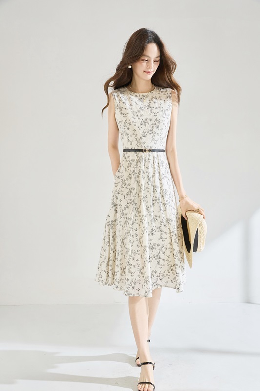 圓領無袖印花洋裝 米色