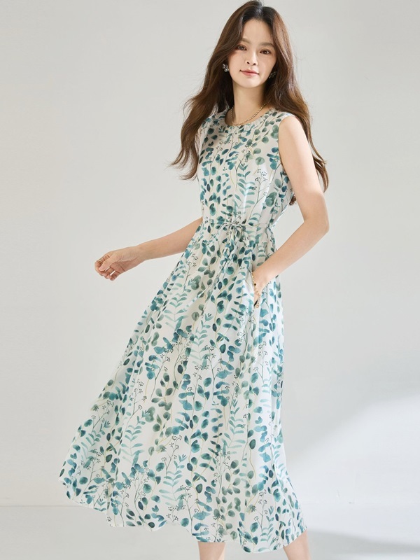 圓領彩墨印花洋裝 藍色