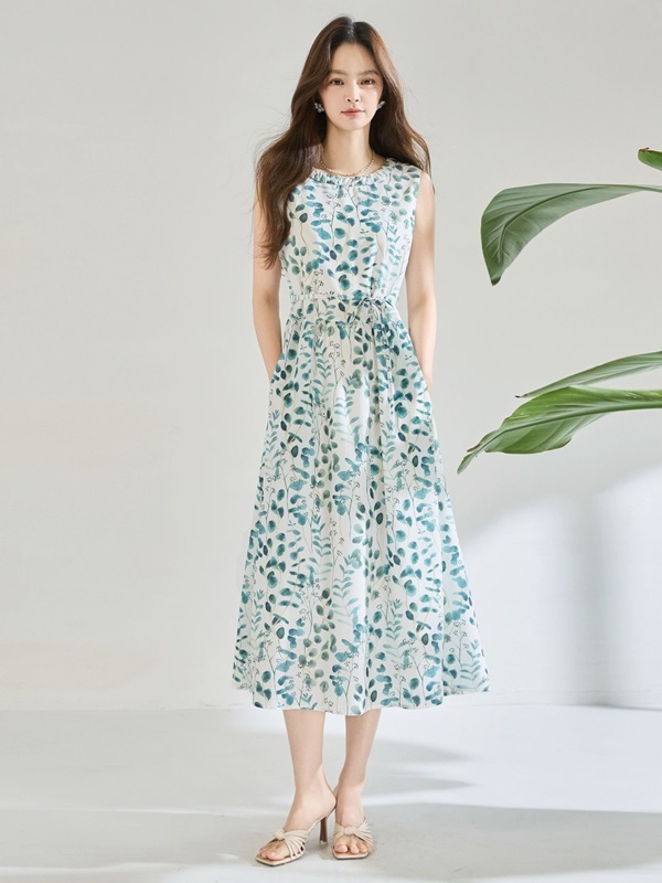 圓領彩墨印花洋裝 藍色