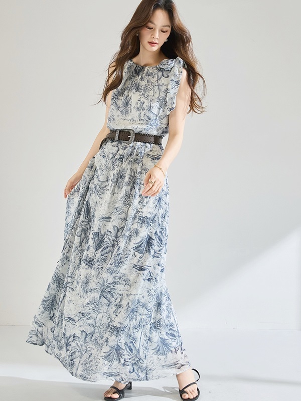 側綁一字領墨花洋裝 藍色