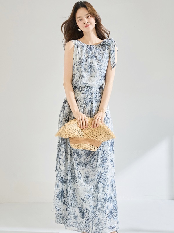 側綁一字領墨花洋裝 藍色