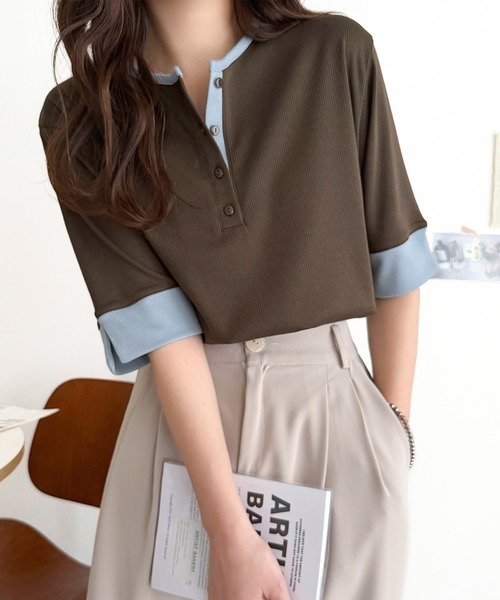 日本🇯🇵連線 Classical Elf 時尚撞色亨利領羅紋上衣 簡約 撞色 休閒 短袖 T恤 羅紋 4色(任買兩件711免運)/預購