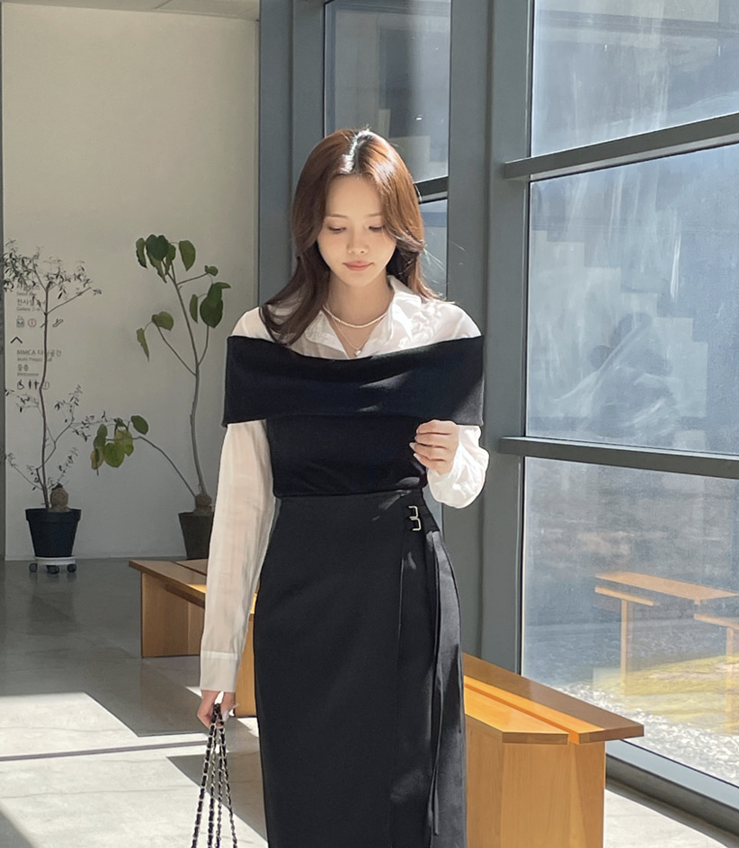 Sierra 假兩件雪紡針織襯衫 [ 2色 / Free ]