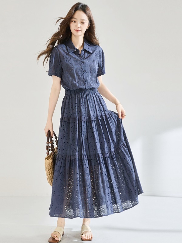 鏤空刺繡緹花洋裝 藍色