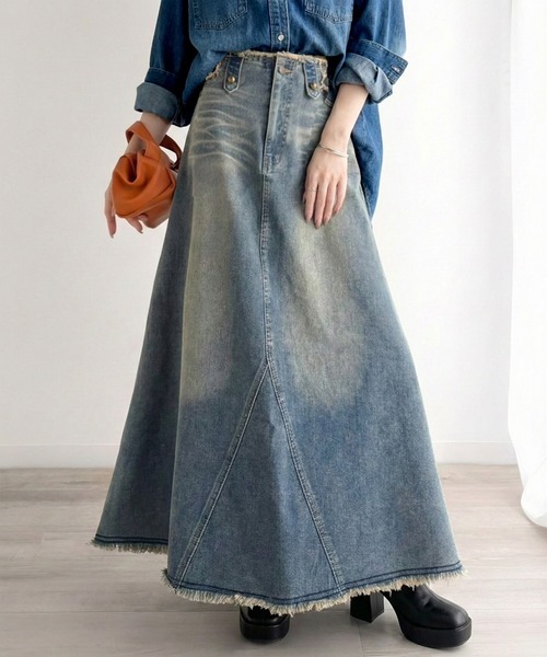 日本🇯🇵連線 JAVA 復古流蘇牛仔喇叭長裙 裙子 牛仔裙 喇叭裙 長裙 A字裙 復古藍(任買兩件7-11免運)/預購