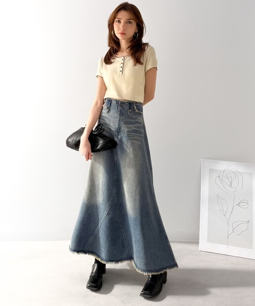 日本🇯🇵連線 JAVA 復古流蘇牛仔喇叭長裙 裙子 牛仔裙 喇叭裙 長裙 A字裙 復古藍(任買兩件7-11免運)/預購