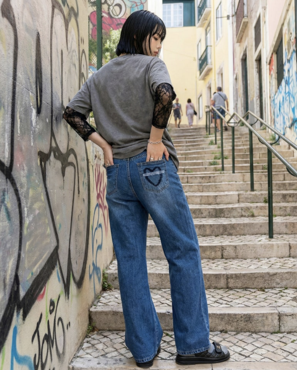 Zeline 愛心刺繡寬鬆丹寧褲 [ 藍色 / S,M,L,XL ]