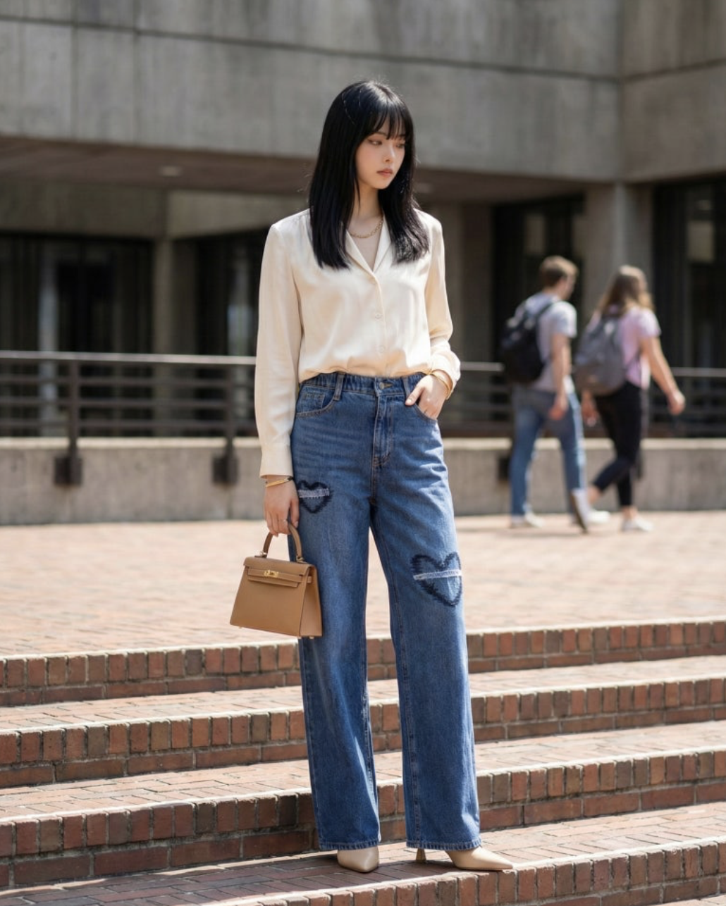 Zeline 愛心刺繡寬鬆丹寧褲 [ 藍色 / S,M,L,XL ]