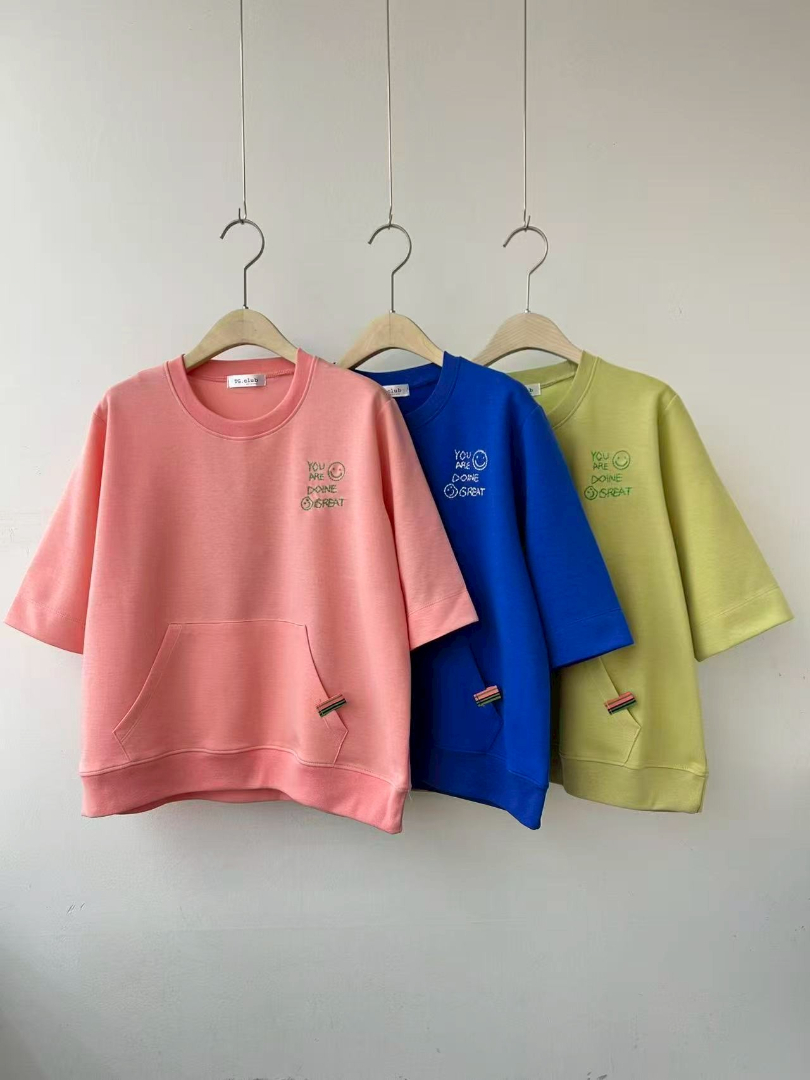 多巴胺色系口袋寬鬆棉上衣｜療癒系休閒短袖T