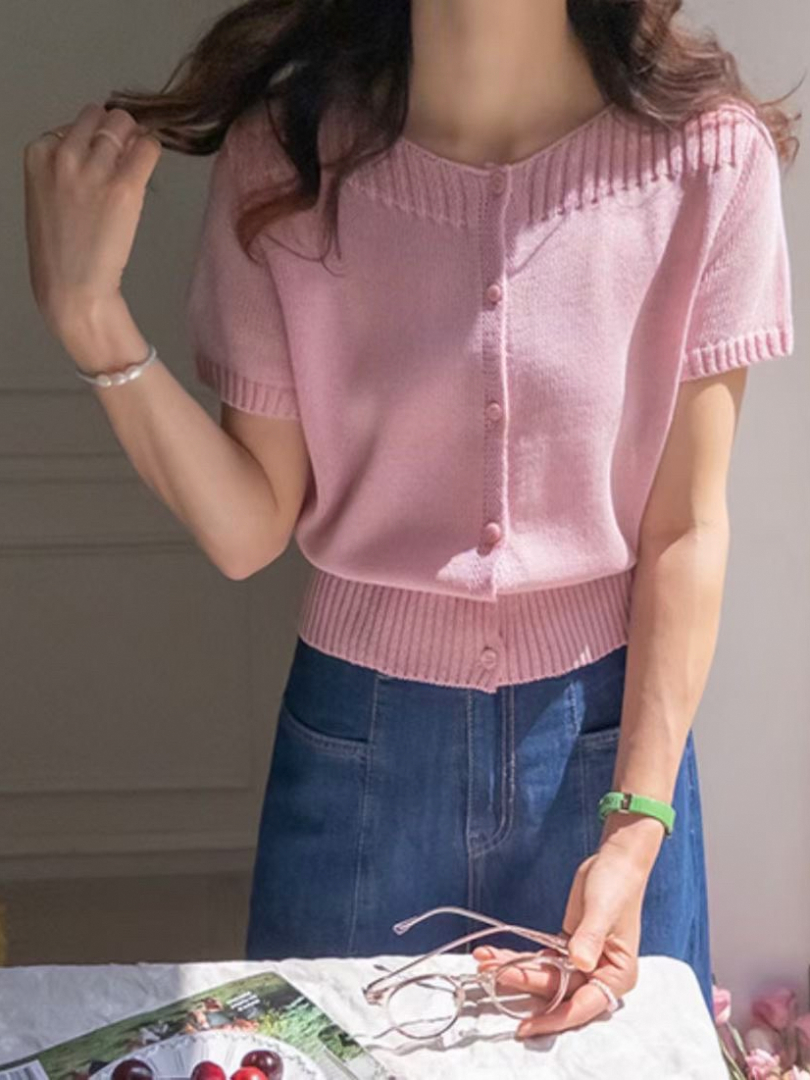 氣質短袖針織上衣｜修身顯瘦開釦針織衫