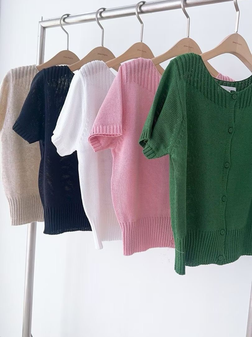 氣質短袖針織上衣｜修身顯瘦開釦針織衫