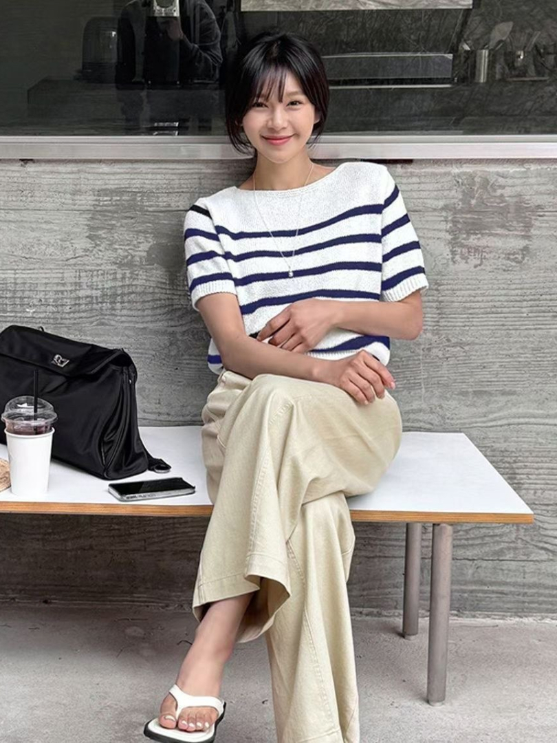法式條紋針織上衣｜氣質柔軟短袖針織T