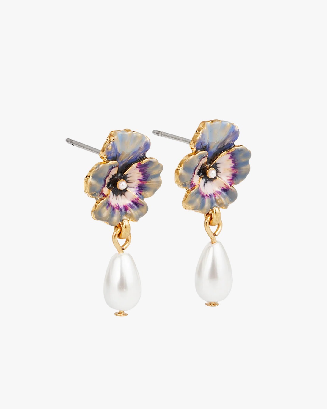 英國代購-FABLE ENGLAND Gold Pansy & Pearl Drop Stud Earrings