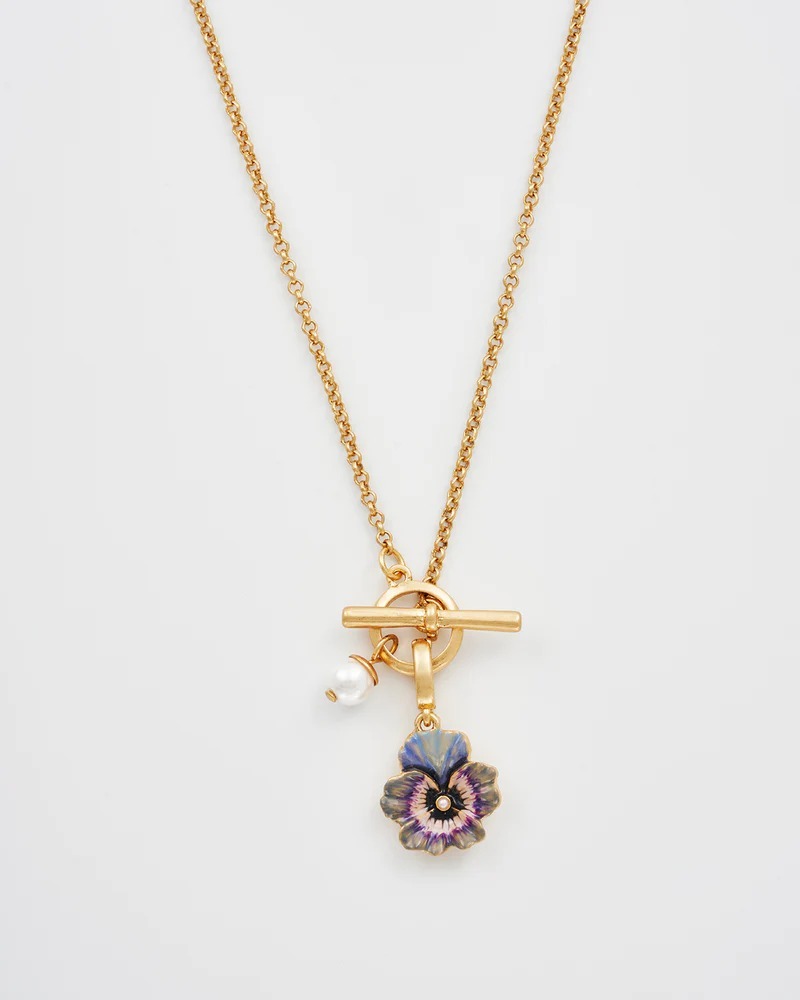 英國代購-FABLE ENGLAND Gold Pansy & Pearl Toggle Necklace