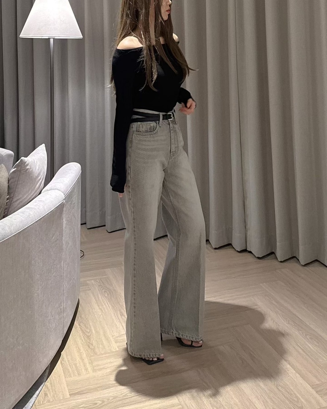 韓國連線 立體摺線隕石灰直筒牛仔褲