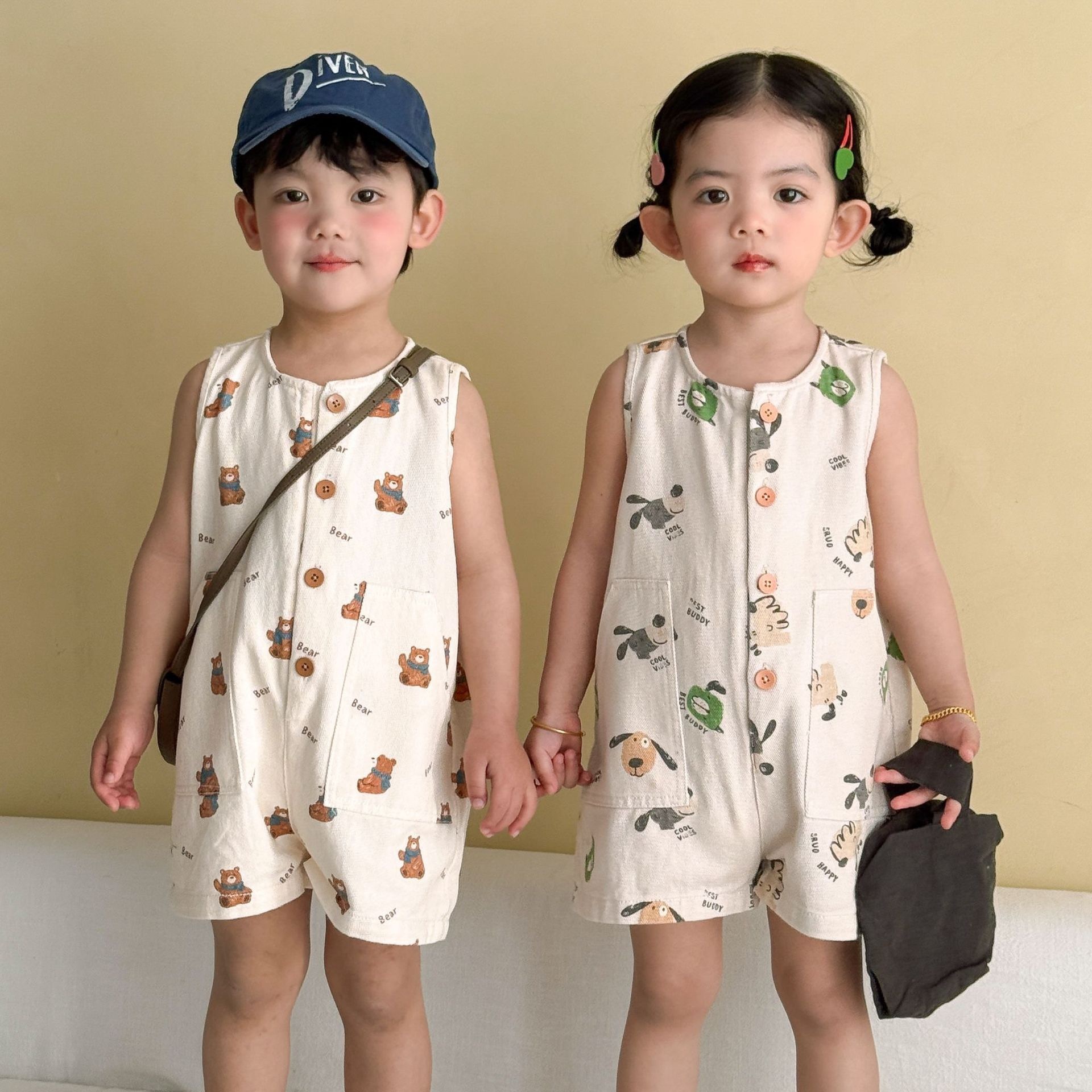 兄弟姐妹一起穿_兩色小狗/小熊連身短褲