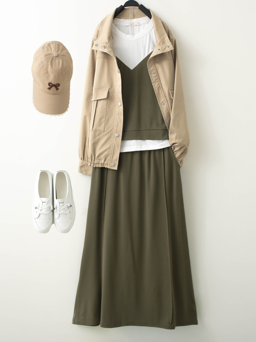立領工裝口袋夾克外套拚色長裙兩件組合