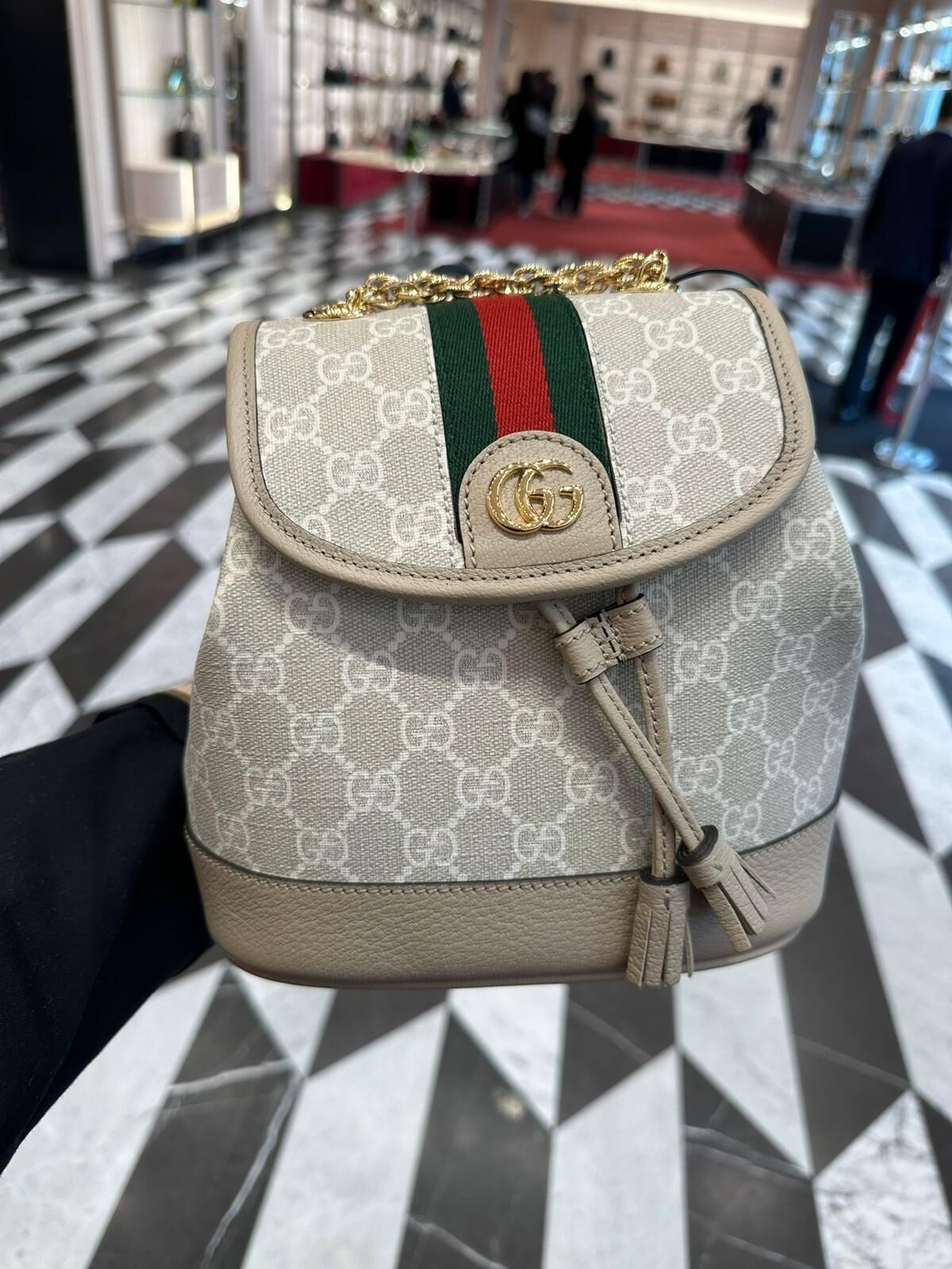 LYS01455 Gucci Ophidia 塗層帆布及綠紅織帶背包 - 燕麥色