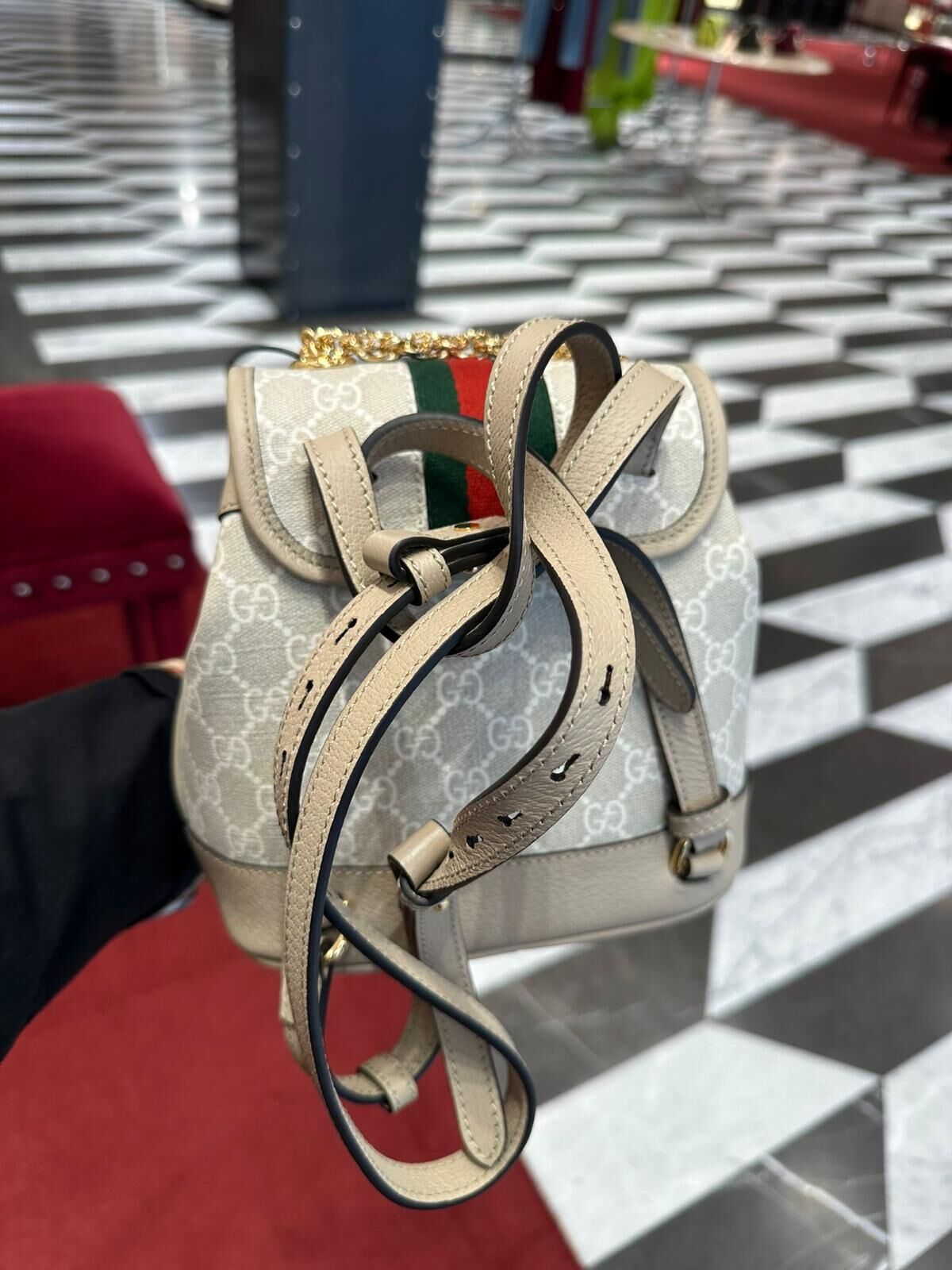 LYS01455 Gucci Ophidia 塗層帆布及綠紅織帶背包 - 燕麥色