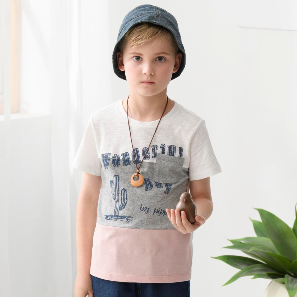 PIPPY 簡約拼布彈性棉圓領短袖T恤上衣 白