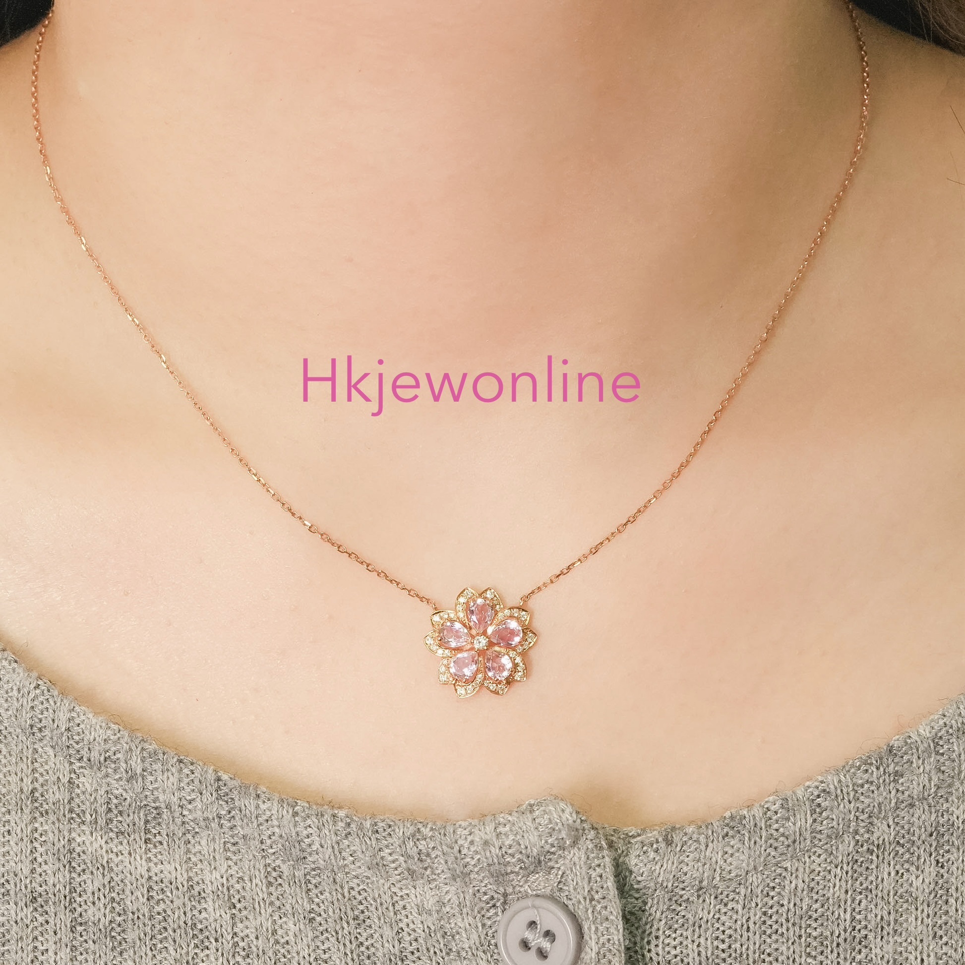 18K玫瑰金摩根石及鑽石櫻花頸鏈