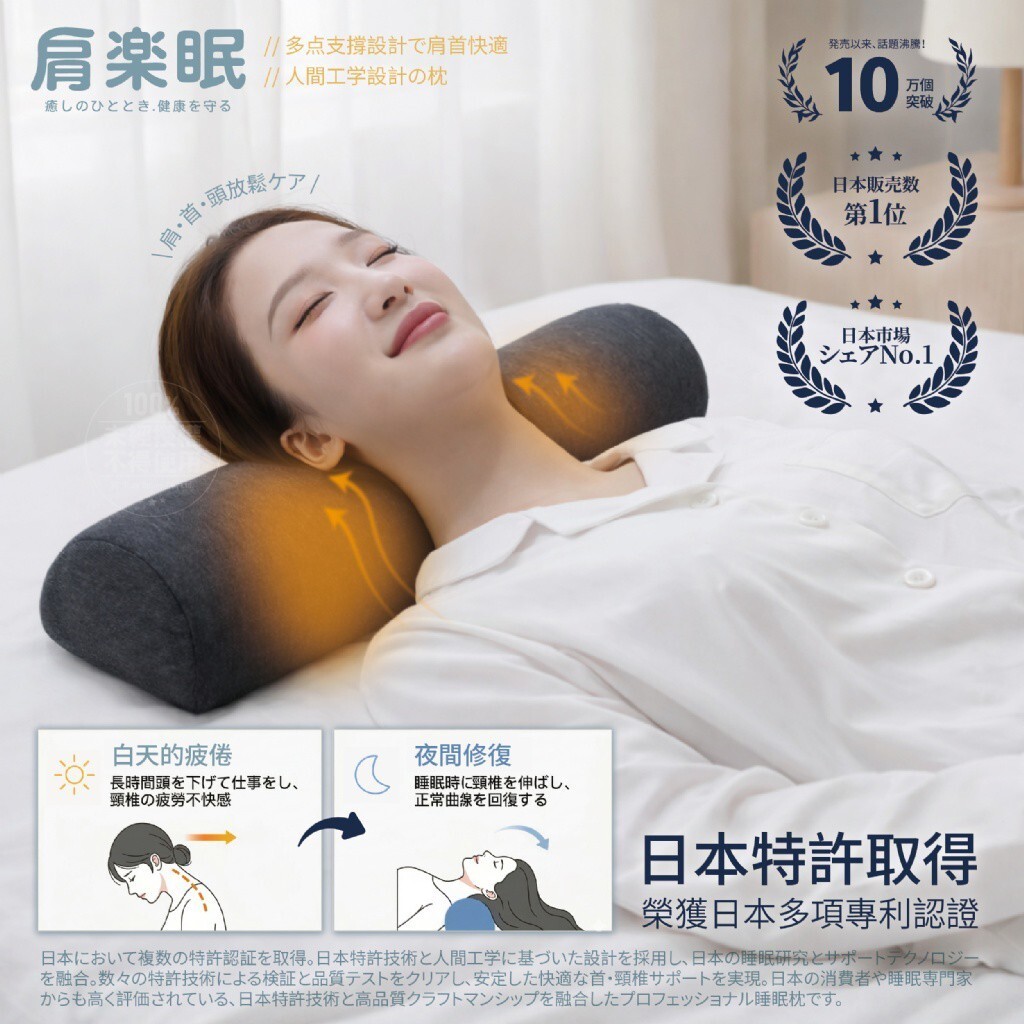 WSBB10915  肩楽眠®日本理療師指定 專利多點支撐反向牽引按摩枕（現貨）