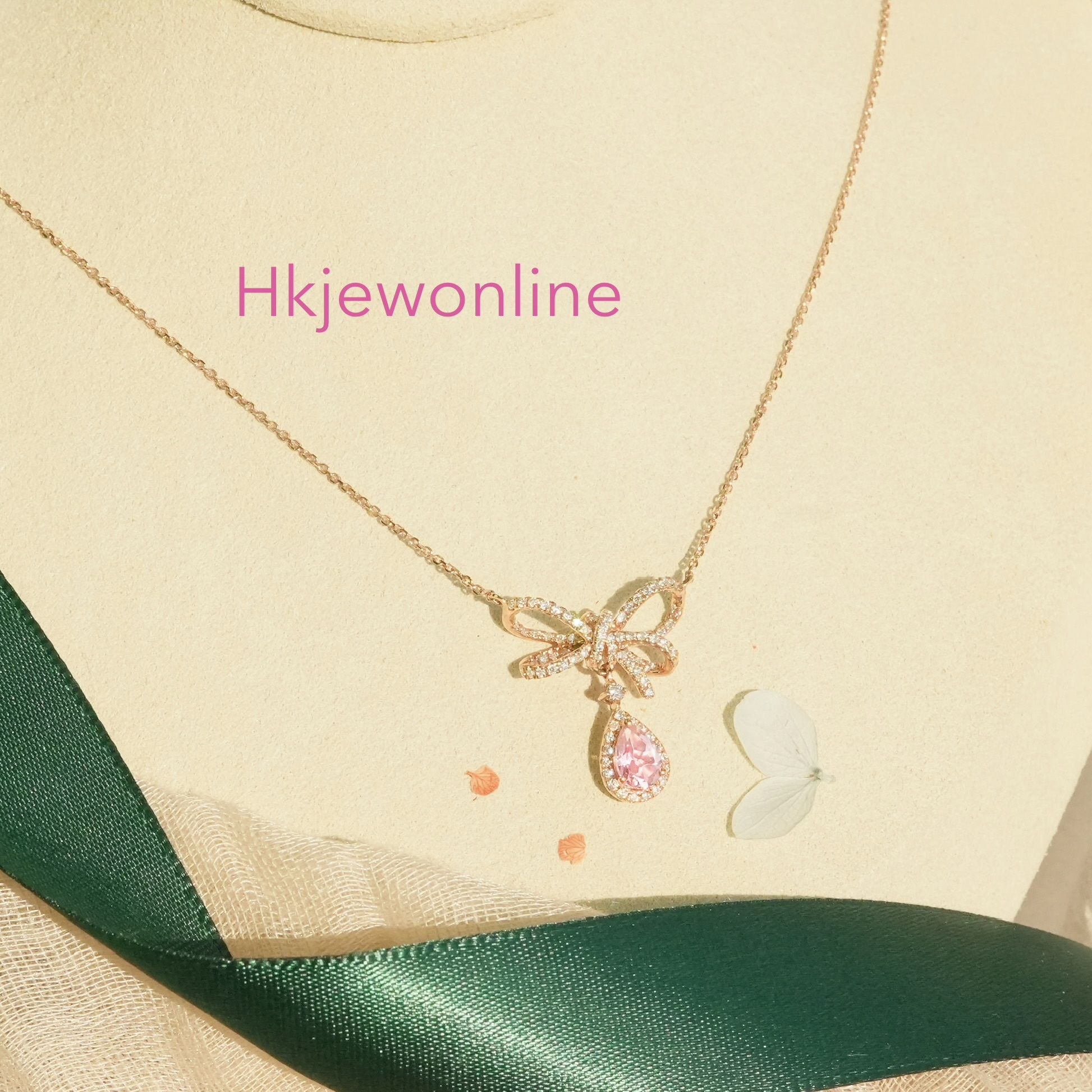 18K玫瑰金梨型摩根石及鑽石蝴蝶結頸鏈