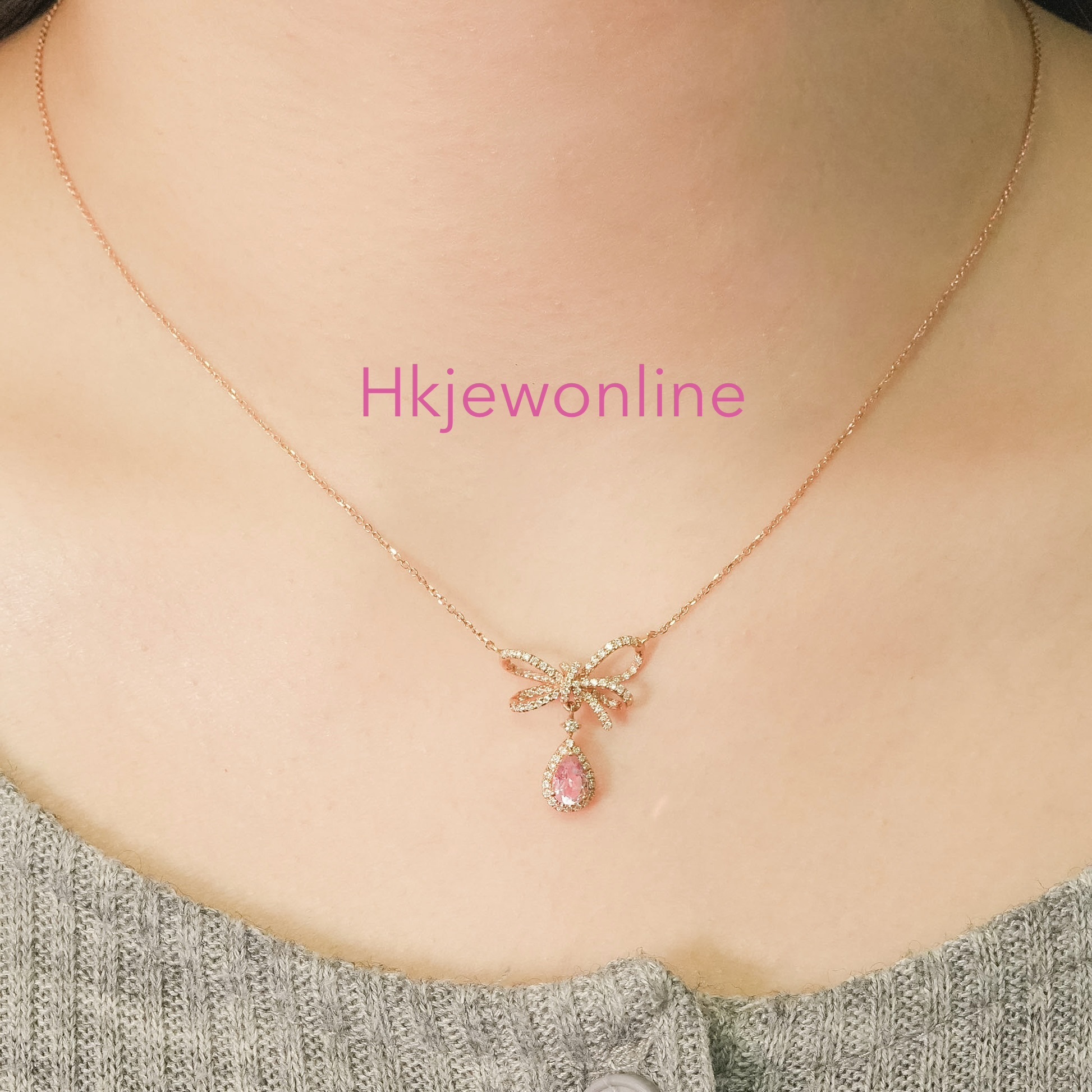 18K玫瑰金梨型摩根石及鑽石蝴蝶結頸鏈