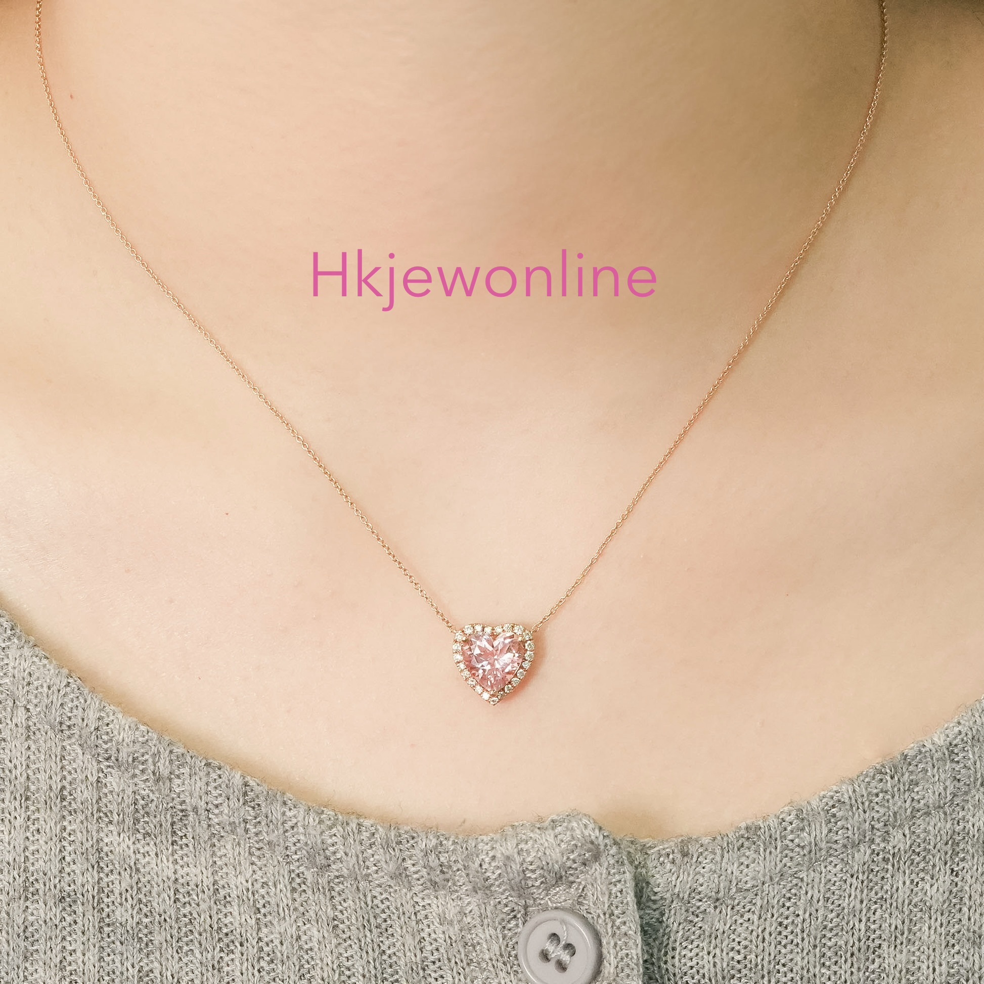 14K玫瑰金心型摩根石及鑽石頸鏈