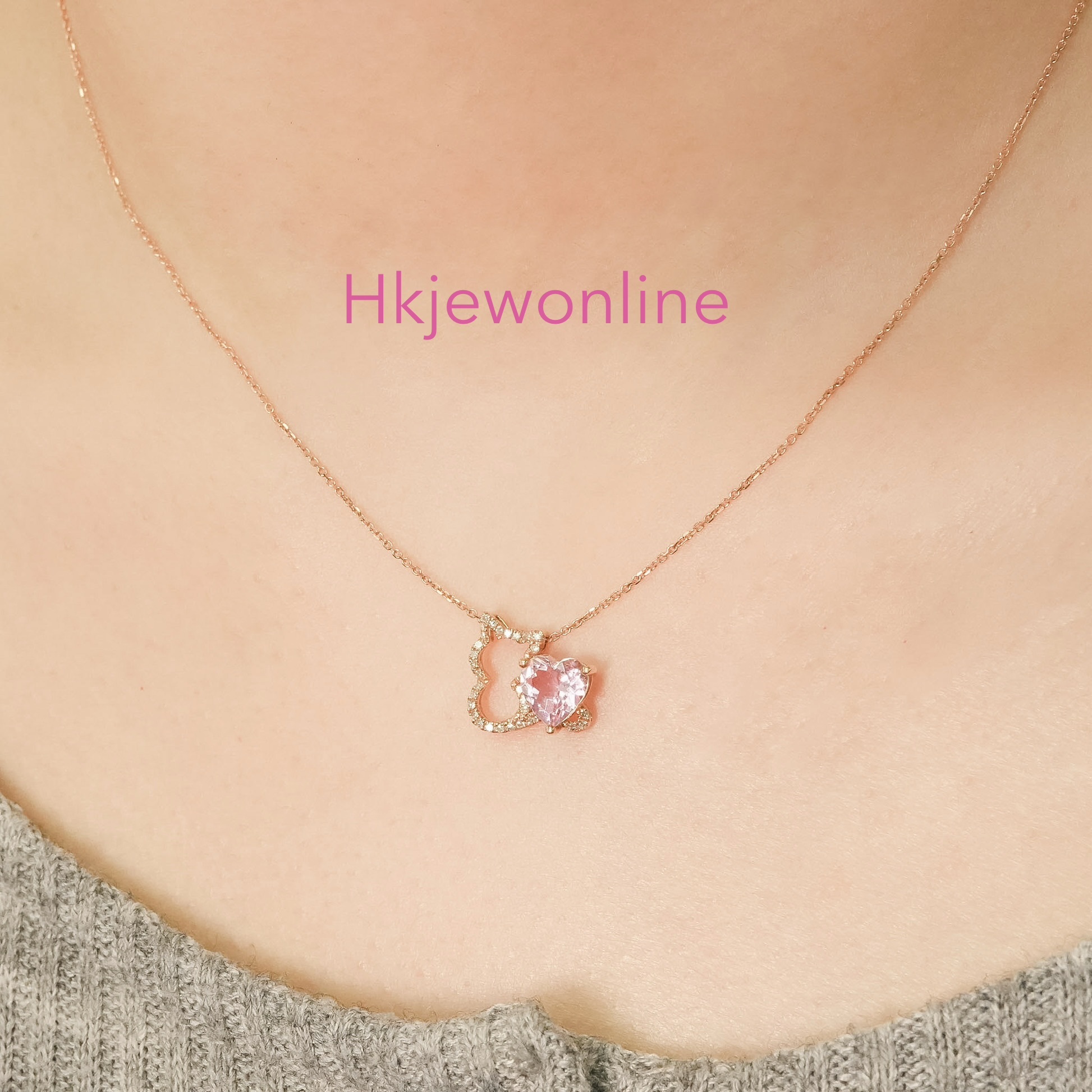 18K玫瑰金心型摩根石及鑽石貓頸鏈