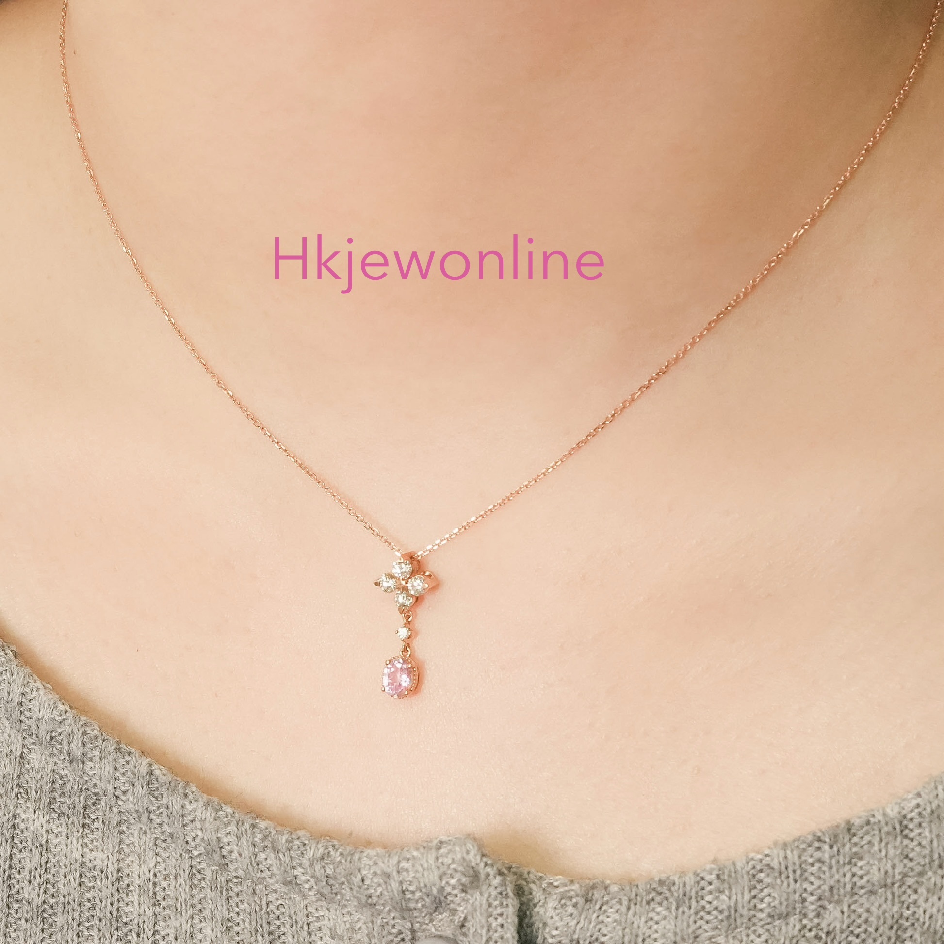 18K玫瑰金/14K白金橢圓摩根石配鑽石頸鏈