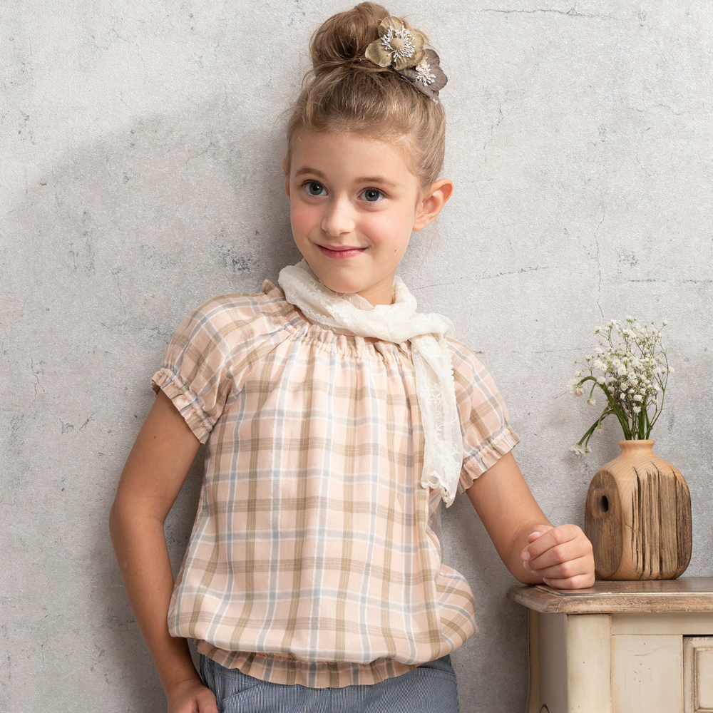 PIPPY 春意優雅格紋抽皺純棉圓領短袖上衣 粉