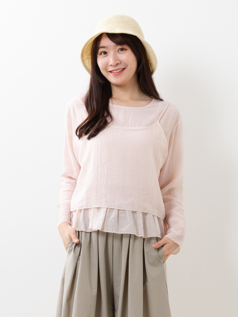 氣質透膚素面荷葉綁帶兩件式上衣