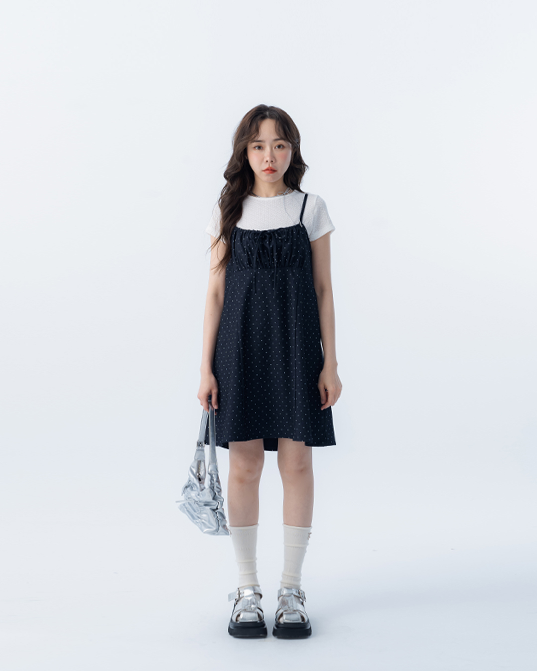 Polka dot tie-up ruched spaghetti strap short dress S/M【01087253】in stock+pre-order