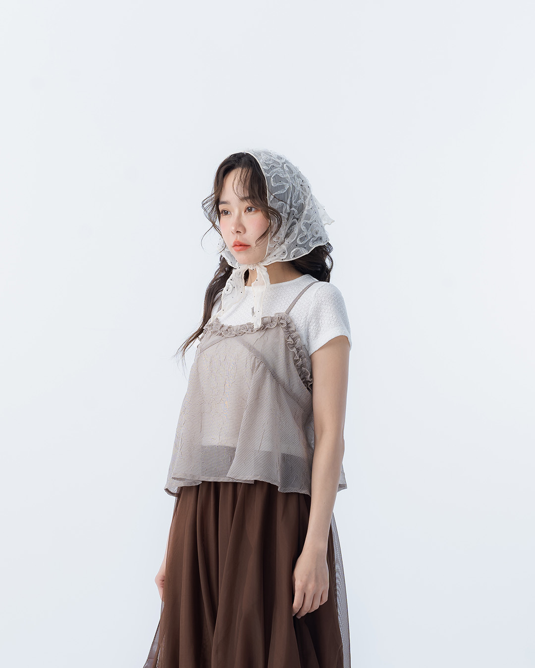 Ruffled V-neck pleated mesh vest - coffee【01099645】in stock+pre-order