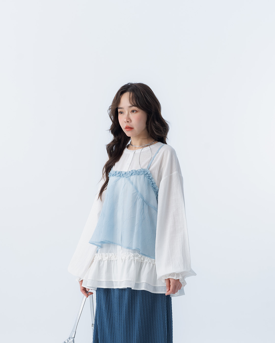 Ruffled V-neck pleated mesh vest - blue【01099644】in stock+pre-order