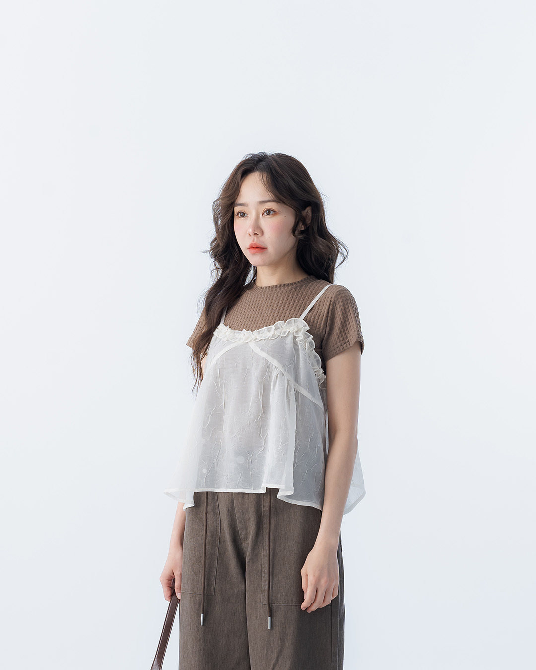 Ruffled V-neck pleated mesh vest - white【01099643】in stock+pre-order