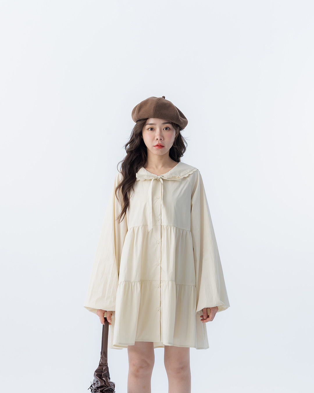 Cake-trimmed puff-sleeved sailor collar short dress, available in two colors.【01087304】in stock+pre-order