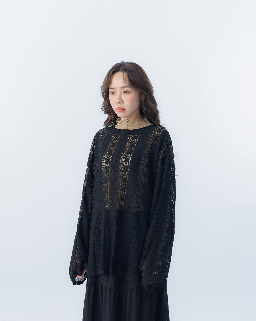 Lace jacquard sheer long-sleeved top, available in two colors【01099450】in stock+pre-order