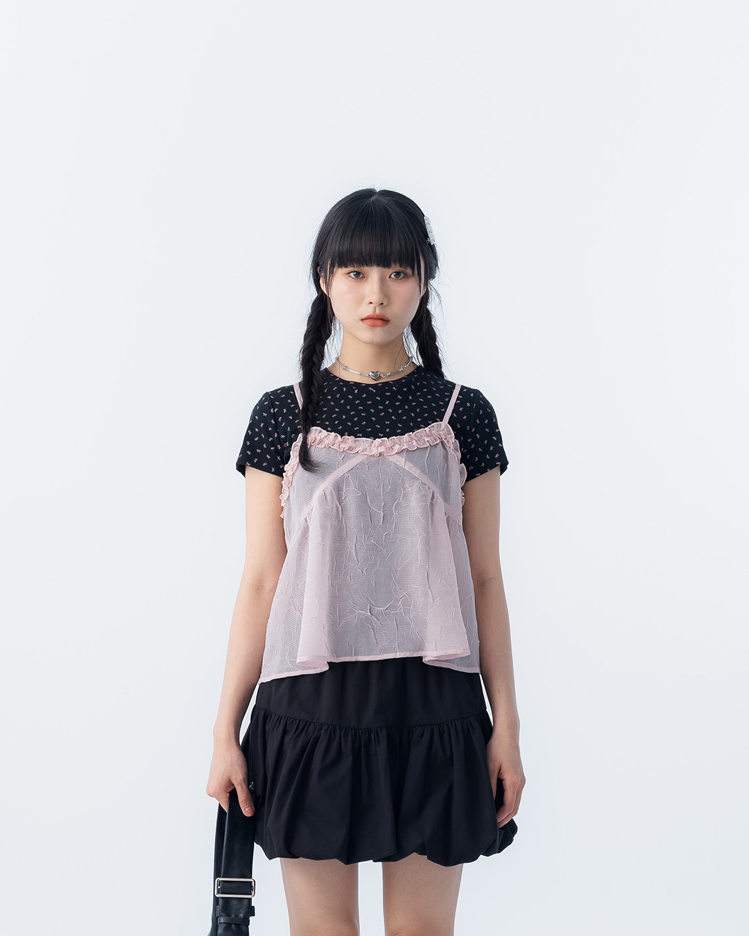 Ruffled V-neck pleated mesh vest - pink【01099646】in stock+pre-order
