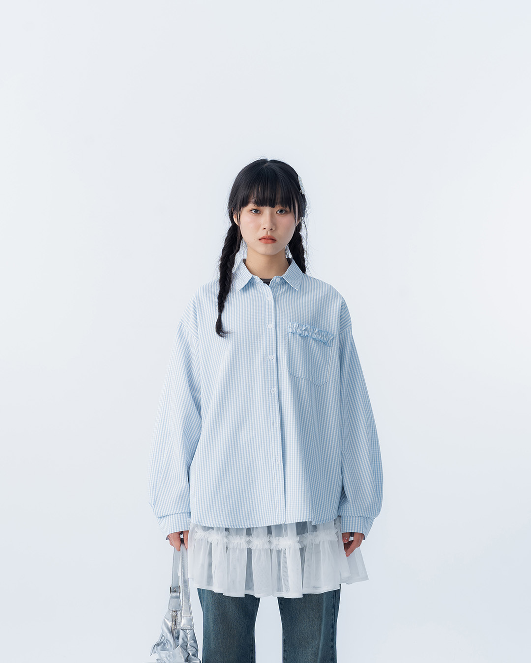 Fresh plaid ruffled single pocket wide-leg shirt, available in two colors.【01025771】in stock+pre-order