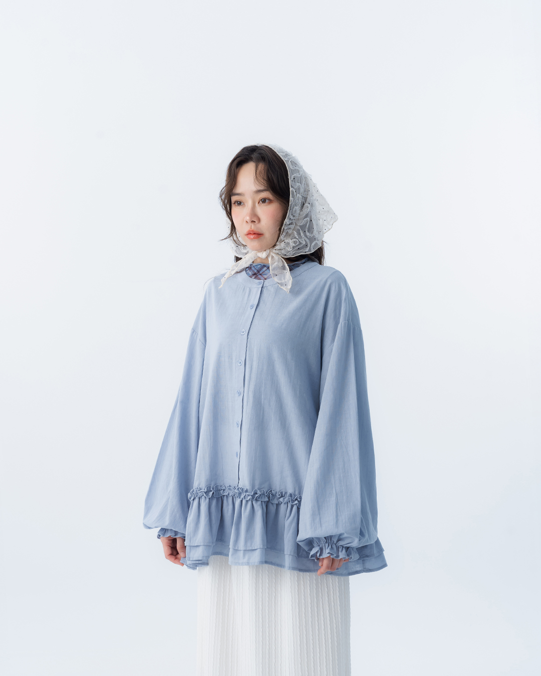 Ruffled hem, Zhongshan collar, jacquard shirt, available in two colors.【01025656】in stock+pre-order